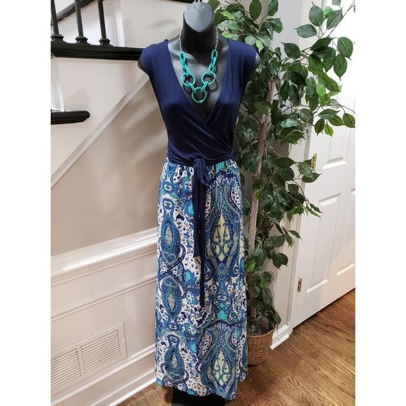 New York & Company Women's Blue Rayon V-Neck Sleeveless Long Maxi Dress Size L - Picture 1 of 14